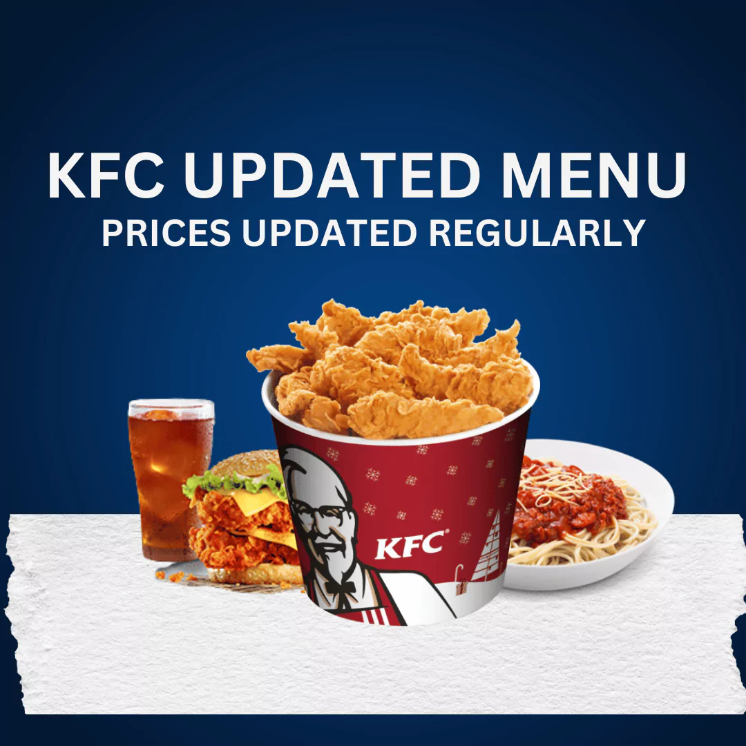 closeup picture of KFC bucket meal, spaghetti, burger and a drink. Complete KFC menu and pricelist mentioned below
