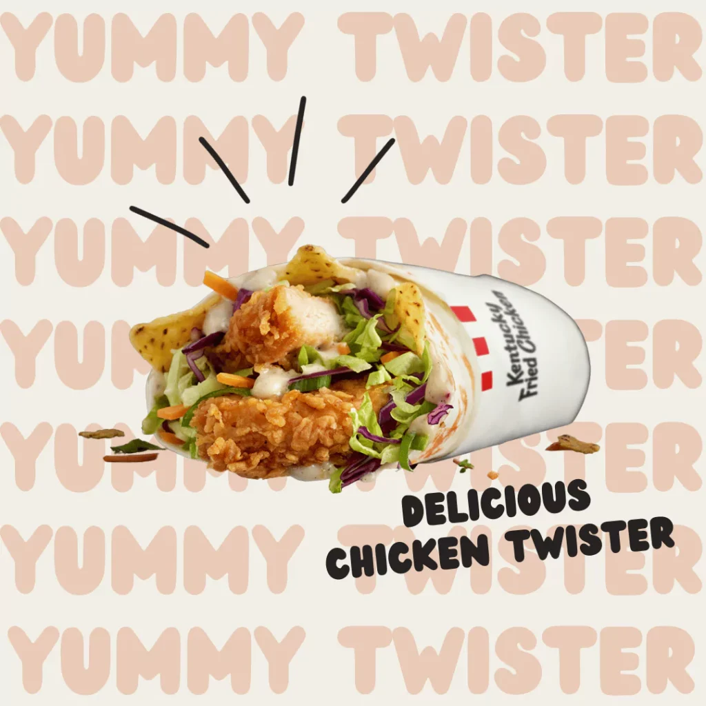 Flavorful combination of chicken zinger in twister wrap with sauce, mayo on KFC menu