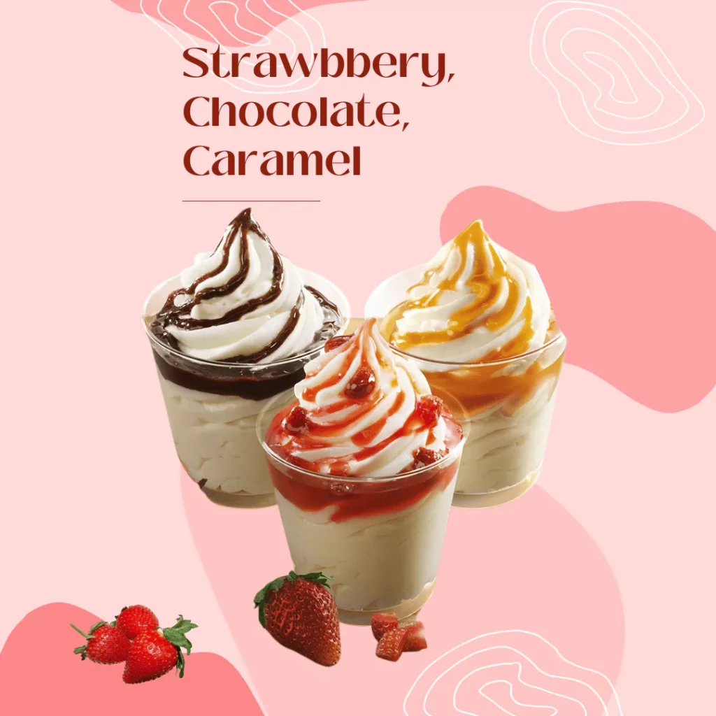 delightful desserts in transparent cup with strawberry, chocolate and caramel flavor on KFC menu
