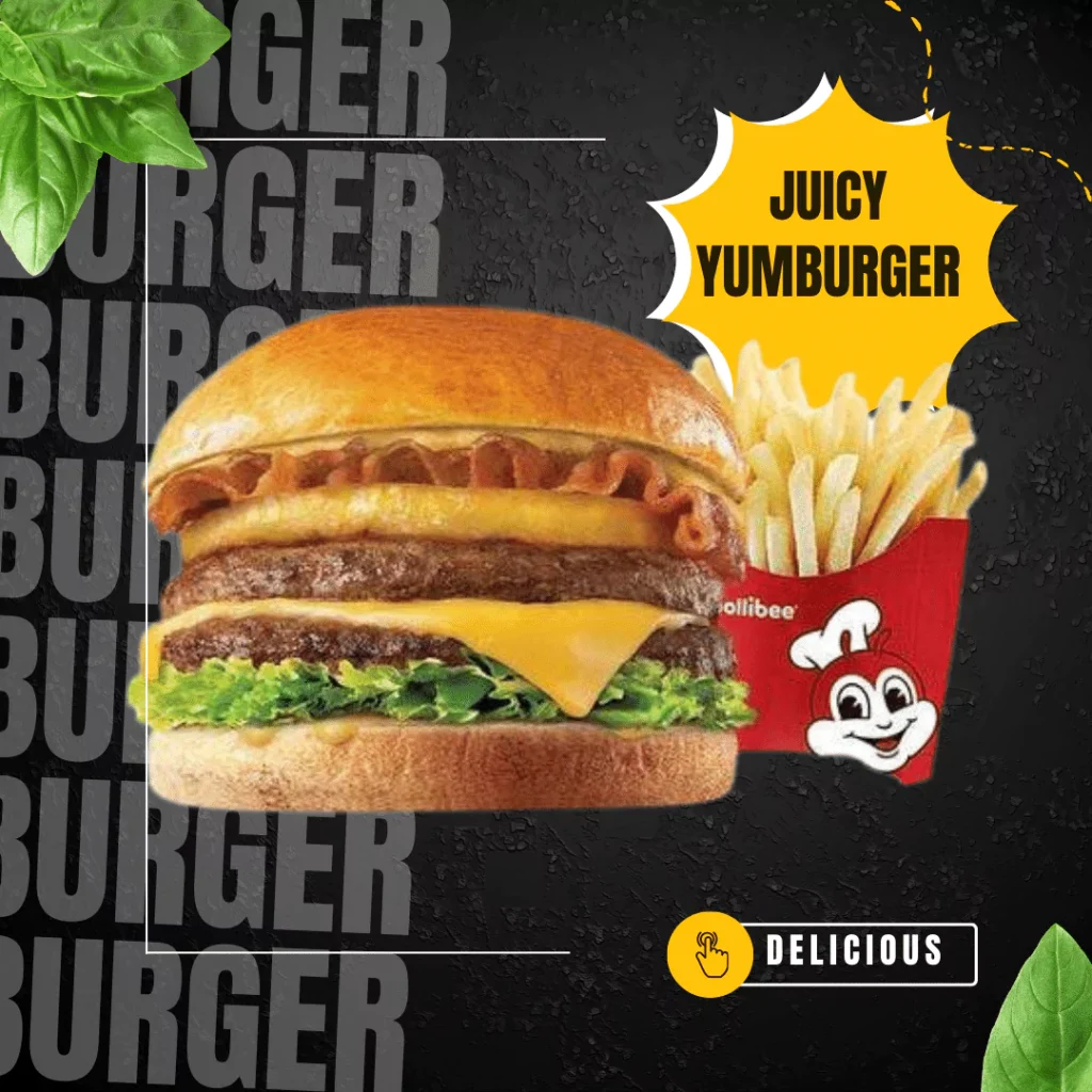 Best seller burger from Jollibee menu with double patty, cheese and bacon along with crispy French fries for cost of 121 Pesos