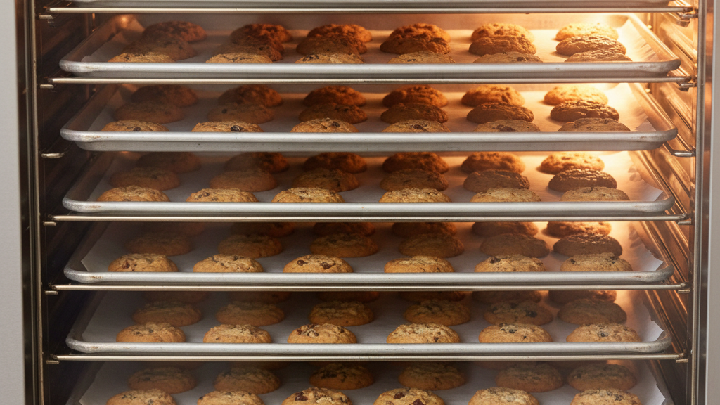 Cookies baking in a commercial bakery oven, showing golden-brown cookies with crispy edges and soft centers