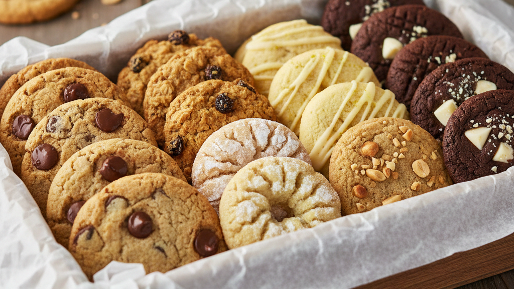 Assorted gourmet cookies in a gift box including chocolate chip, oatmeal, lemon, snickerdoodle, chocolate peanut butter, and double chocolate varieties