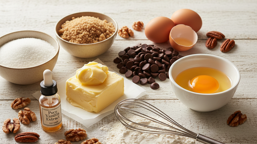 Fresh cookie ingredients including real butter, sugar, chocolate chips, eggs, and flour arranged on a clean surface, highlighting quality and freshness.