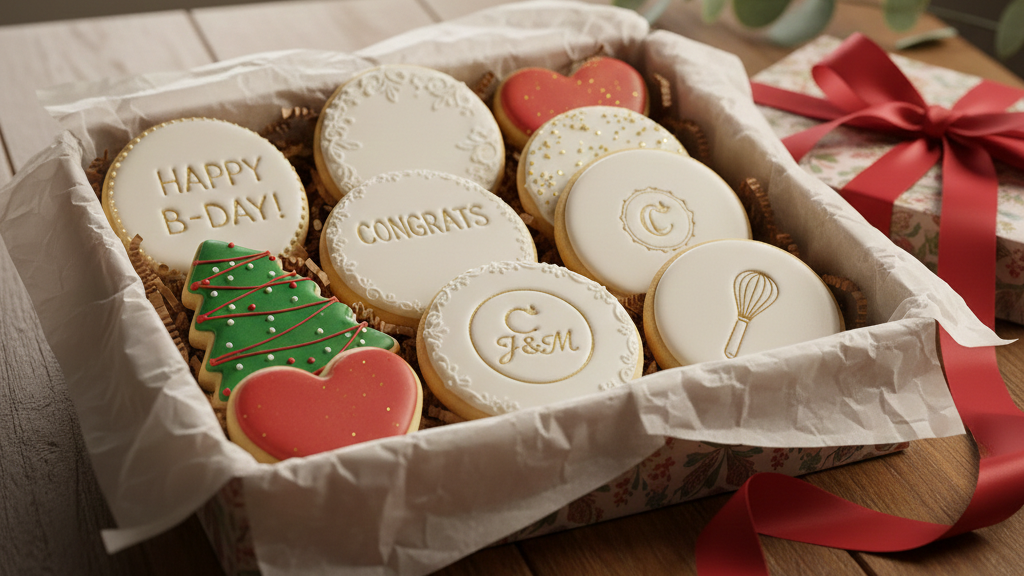 Assorted customized cookies in a gift box with personalized messages, themed designs, and small logos, showcasing thoughtful and unique cookie gifts.