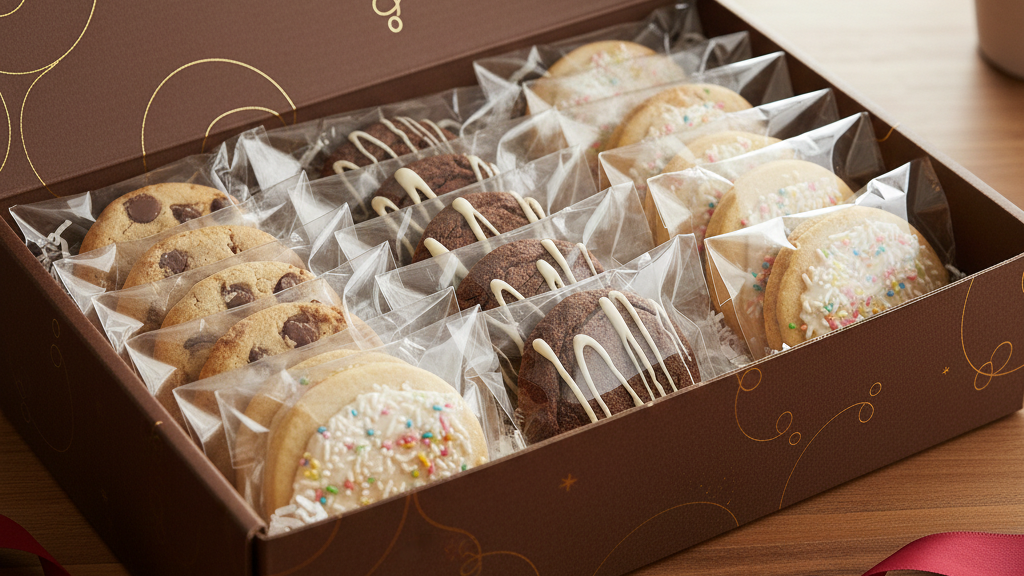 Premium cookie gift box with individually packaged cookies in clear airtight bags, neatly arranged to highlight freshness and visual appeal.