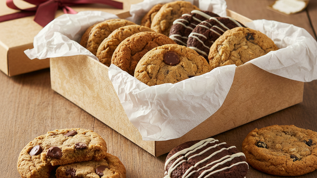 Assorted gourmet cookies in a decorative gift box, with some cookies outside the box to show texture and shareability, highlighting a thoughtful cookie gift.
